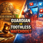 Press Council of India concept image showing contrast between traditional print media regulation and digital fake news ecosystem with bold headline Guardian or Toothless Watchdog highlighting media regulation crisis in India